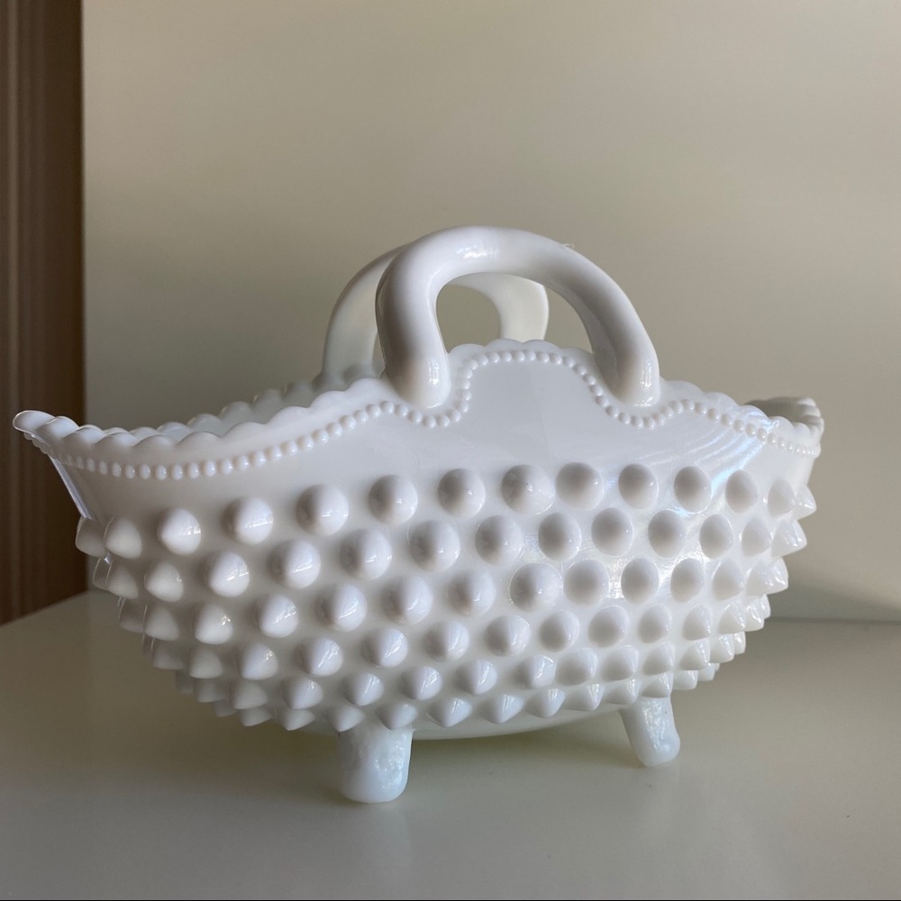 Vintage Fenton Hobnail Milk Glass Basket